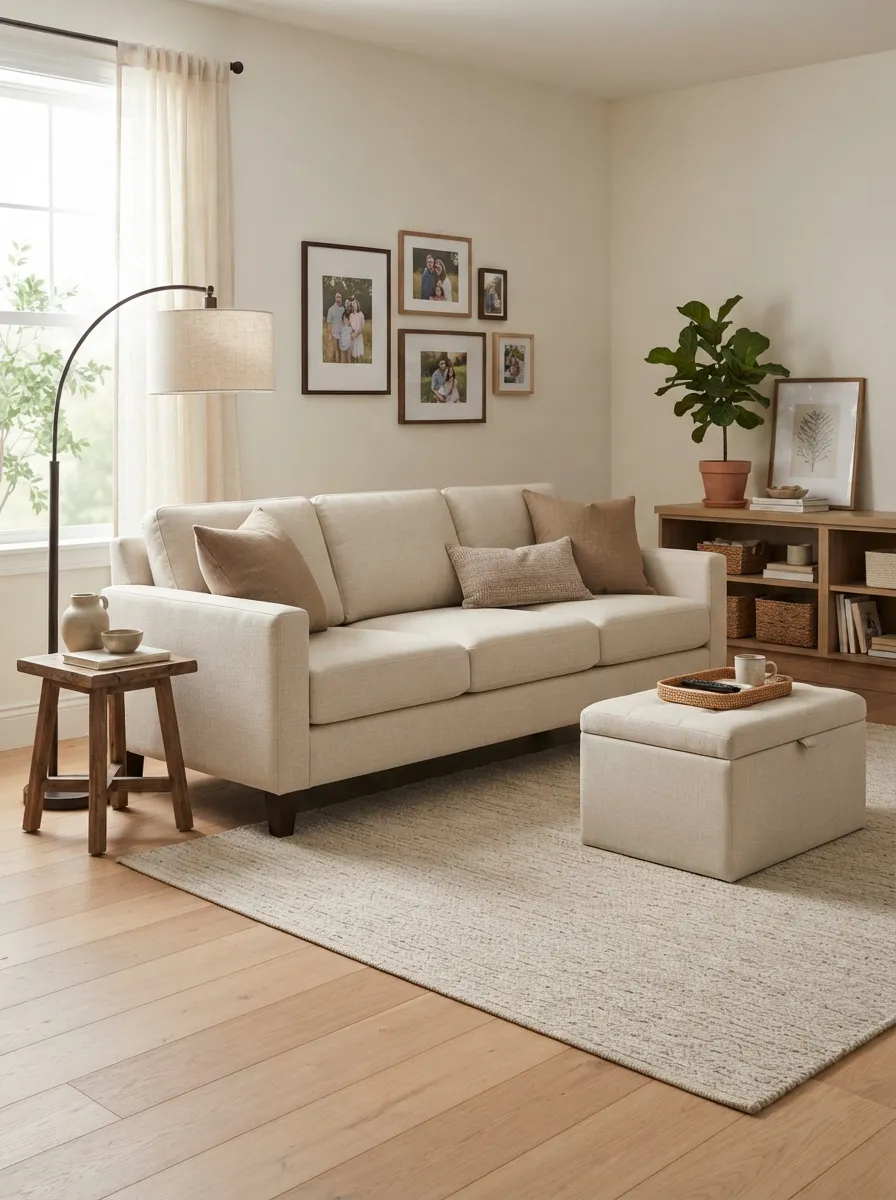 Light beige-ivory sofa with a storage ottoman, flatweave rug, and clear walking path in a practical family room