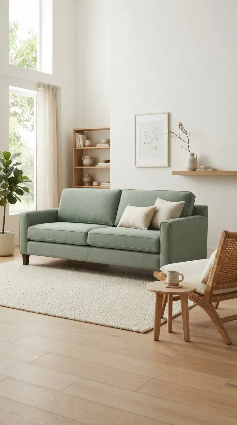 Soft sage sofa with pale oak, a creamy rug, and a leafy plant in a bright living room