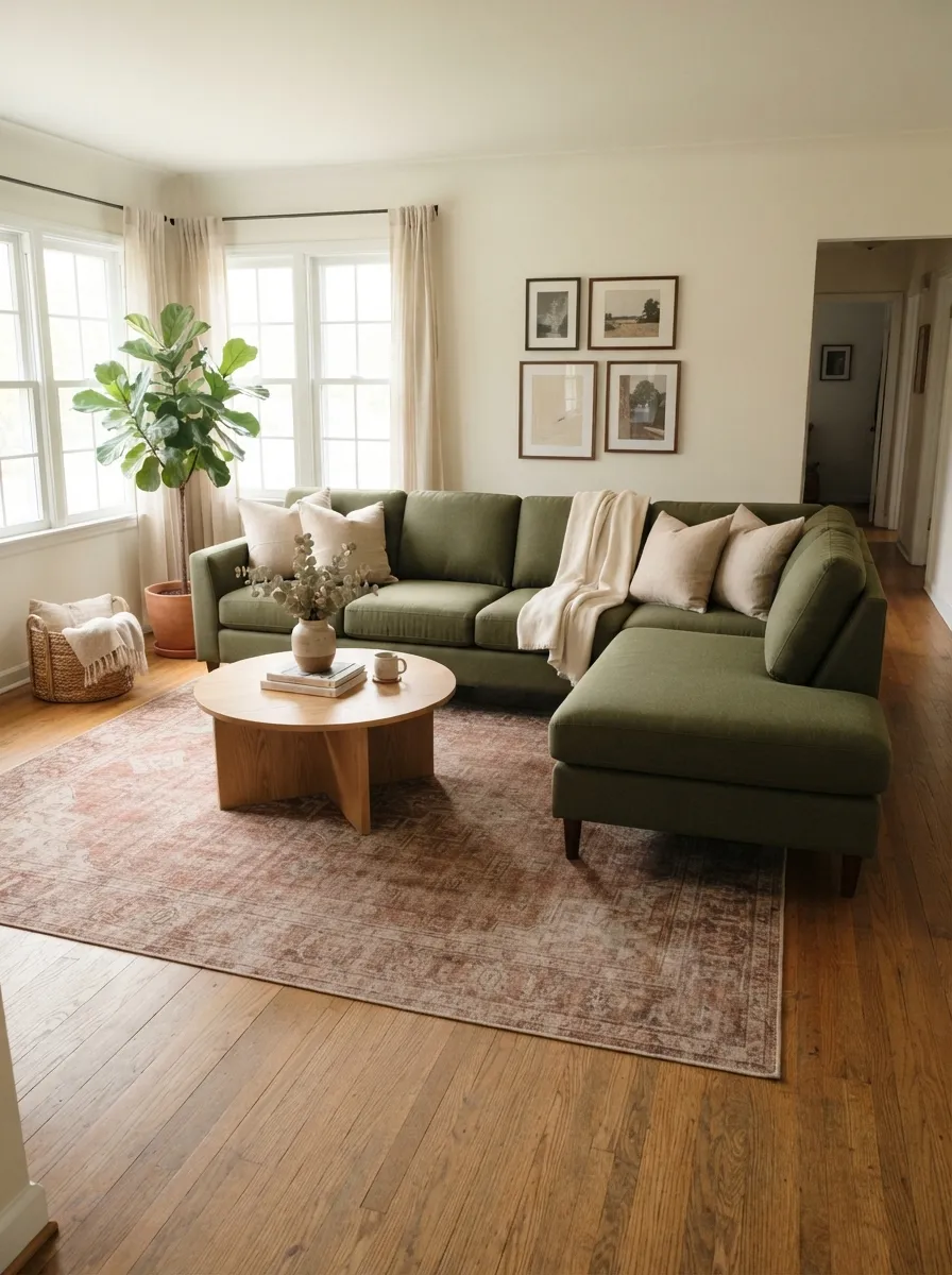 Olive chaise sectional in a sunlit family room with a natural wood table and warm muted accents