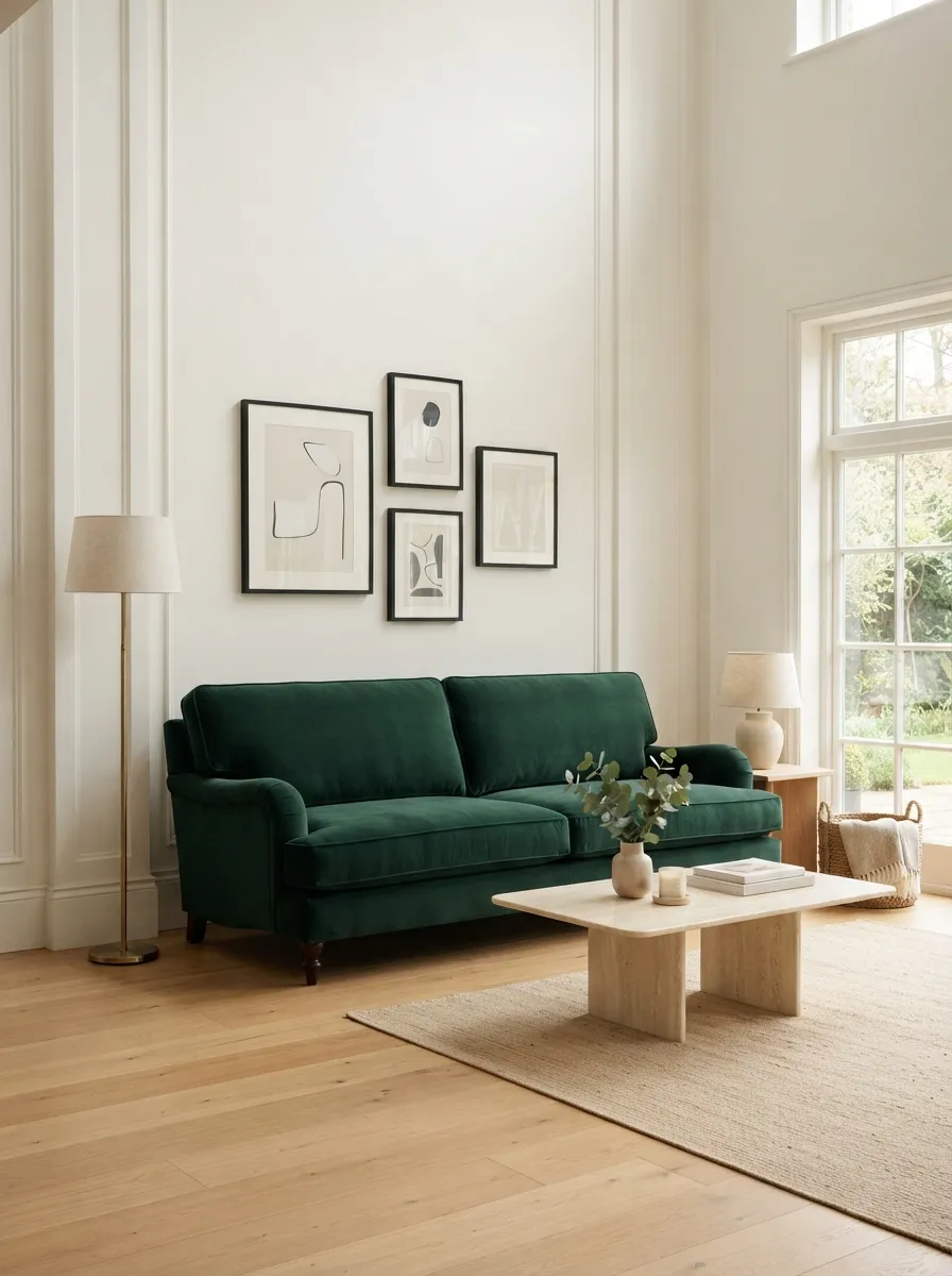 Emerald green sofa against pale architectural walls with a light stone table and slim lighting