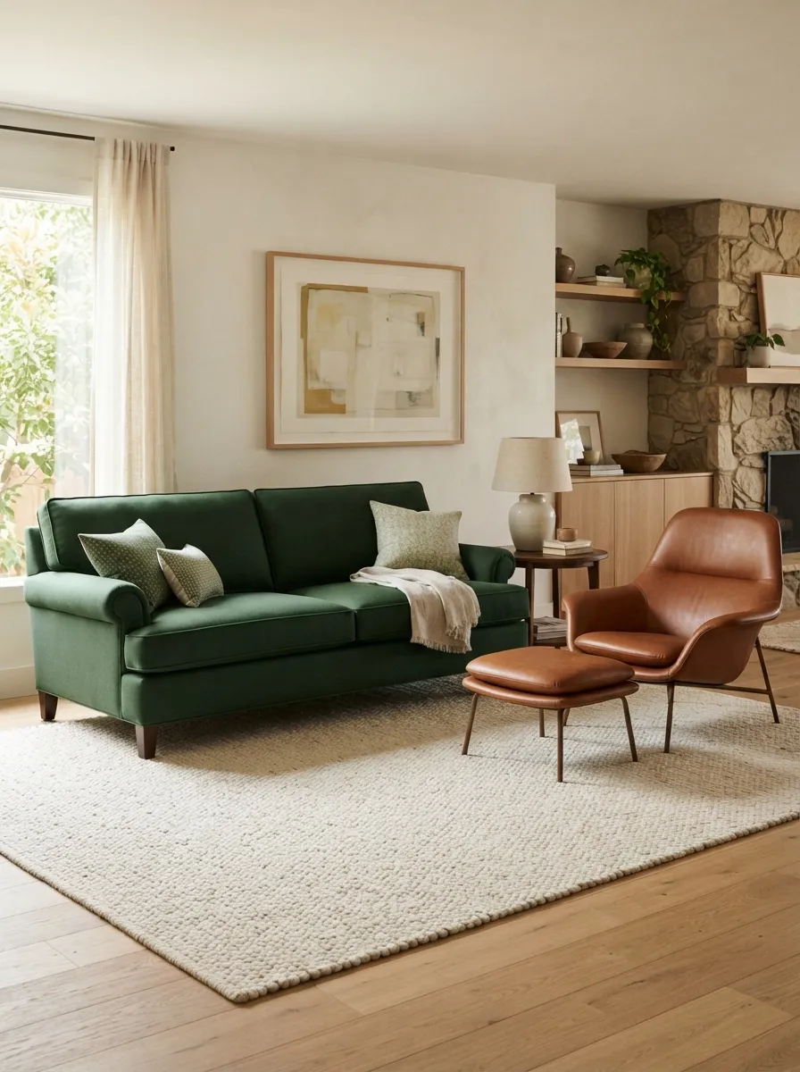 Forest-green sofa paired with a cognac-toned chair, walnut-toned table, cream rug, and warm artwork