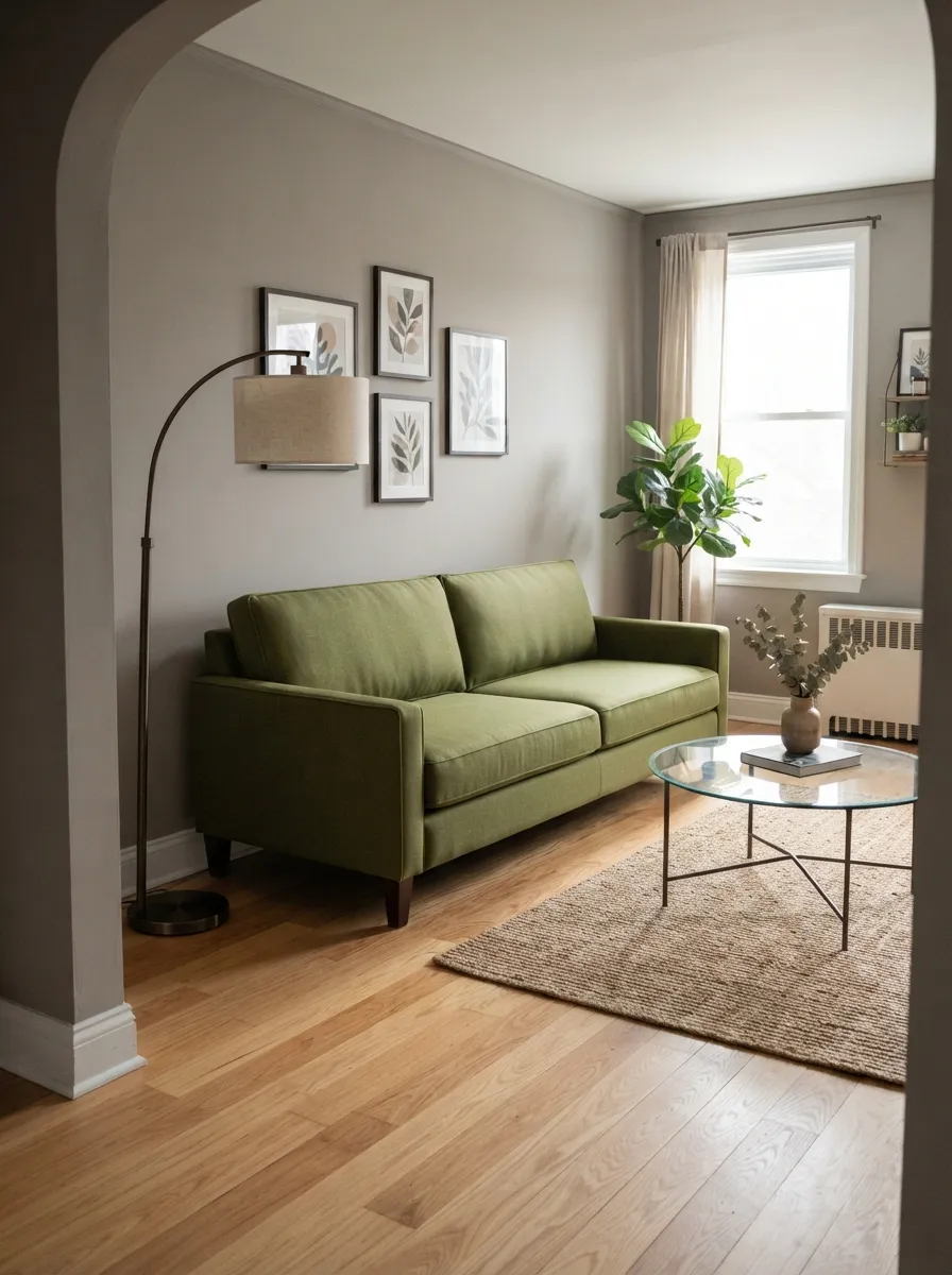 Narrow-arm olive sofa in a compact living room with a round glass table, visible floor, and clear entry path