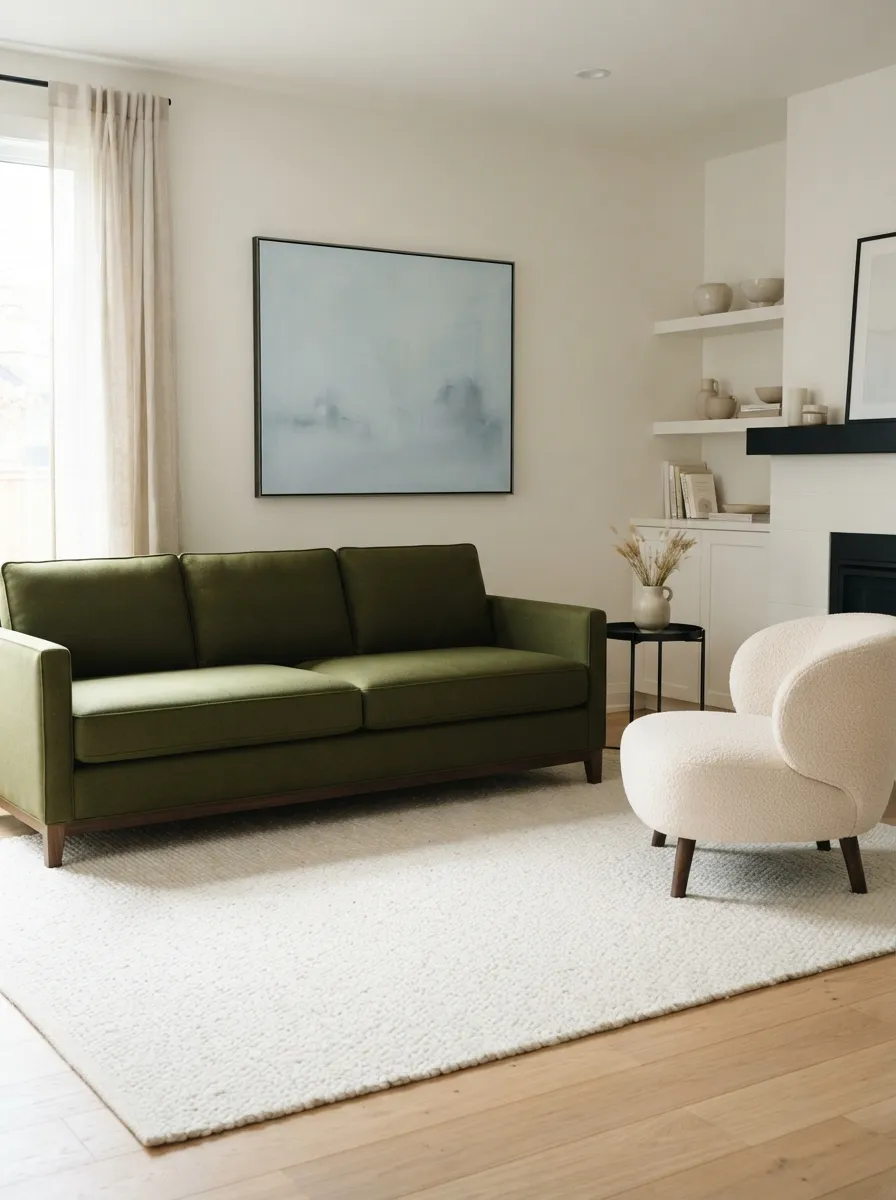 Deep moss green sofa with pale blue art, cream seating, and an off-white rug in a calm living room