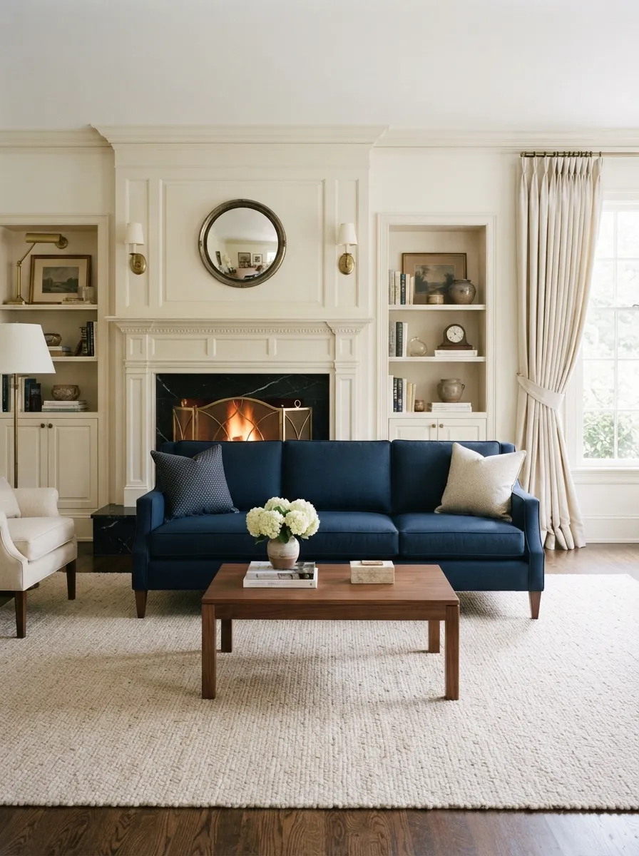 Tailored navy sofa with a white fireplace, walnut-toned coffee table, cream drapery, and pale rug in a classic living room