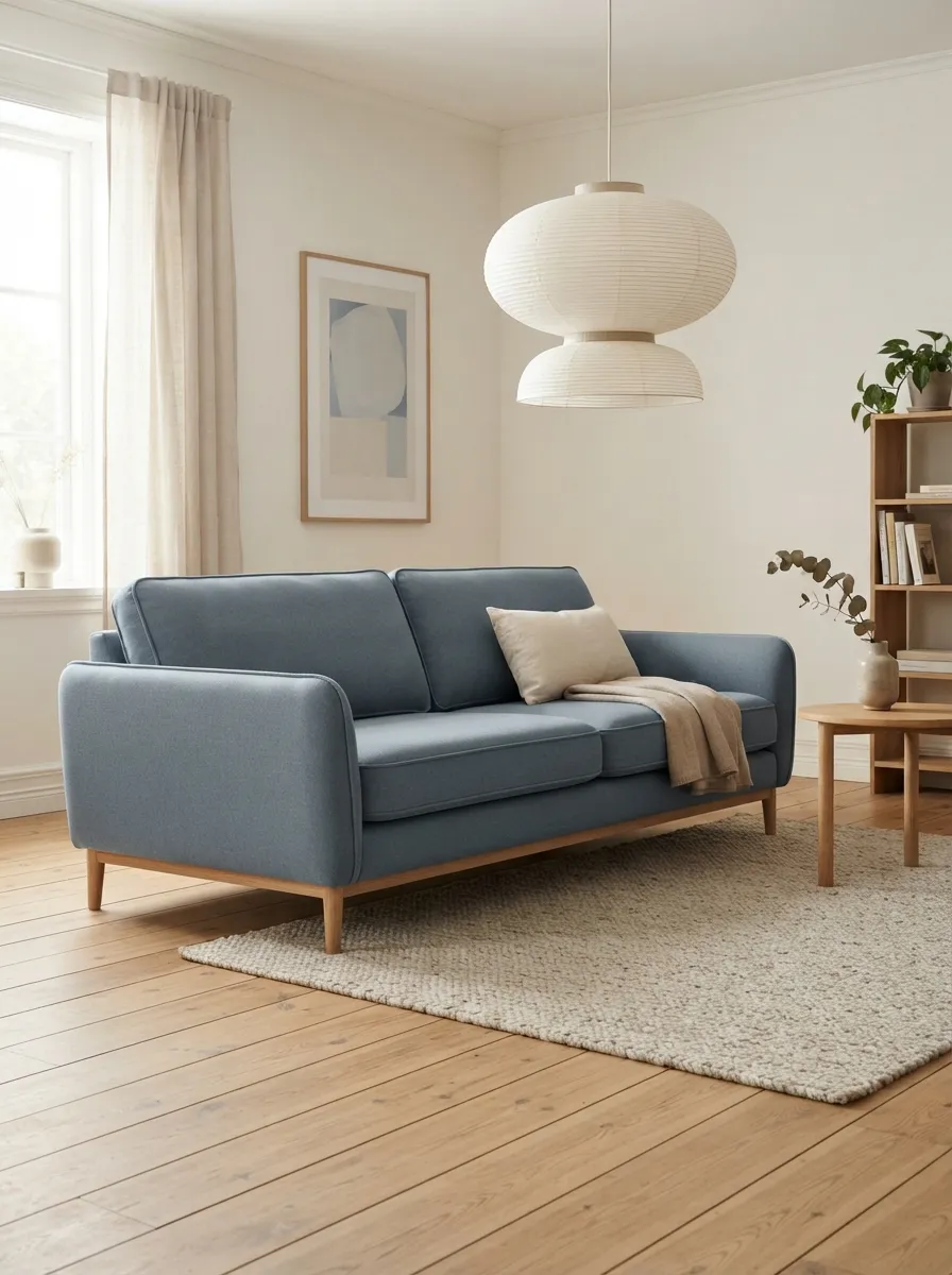 Slate-blue sofa with blond wood, warm white walls, oatmeal rug, and soft daylight in a Scandinavian living room