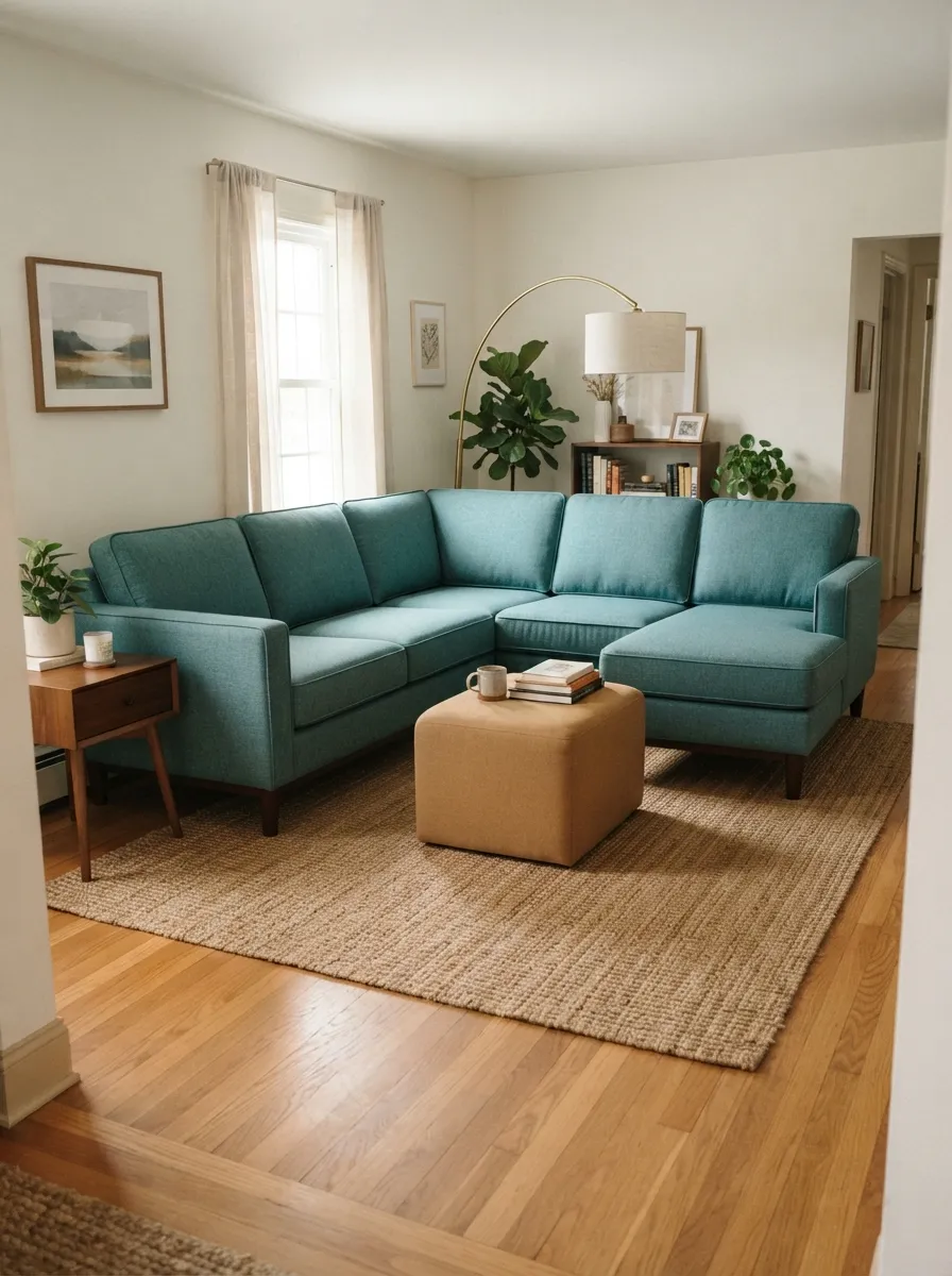 Teal sectional with a camel-toned ottoman, warm tan rug, and clear approach path in a bright living room