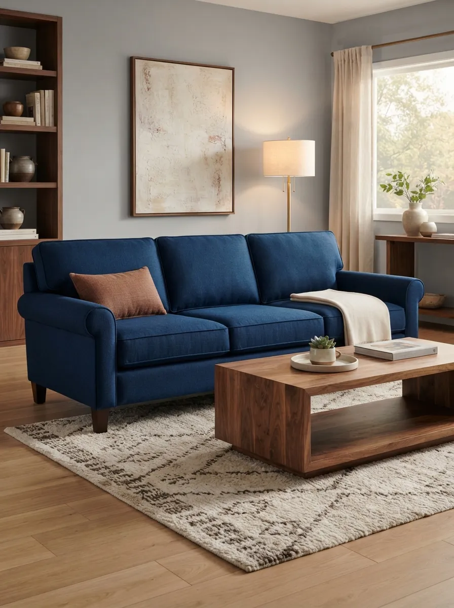 Deep blue sofa with a walnut-toned coffee table, restrained rust accents, cream rug, and soft gray walls