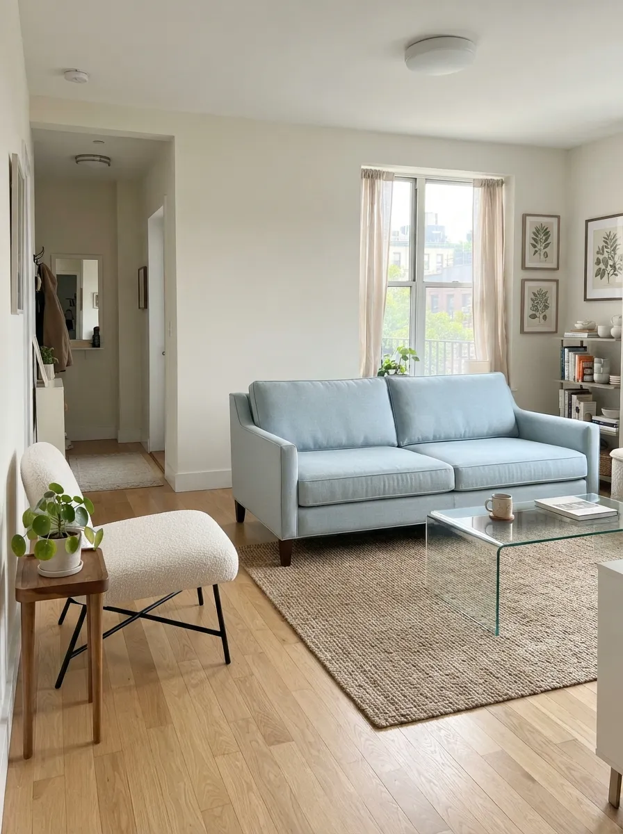 Soft blue narrow-arm sofa with a glass coffee table, warm neutral rug, and clear walking path in a small apartment
