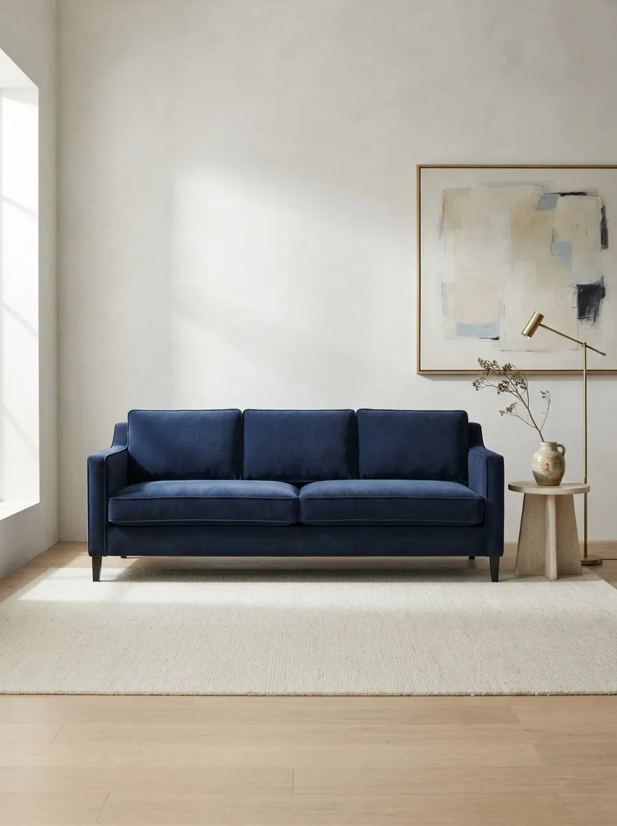 Deep indigo sofa with pale stone, restrained brass lighting, cream rug, and abstract art in a gallery-like living room