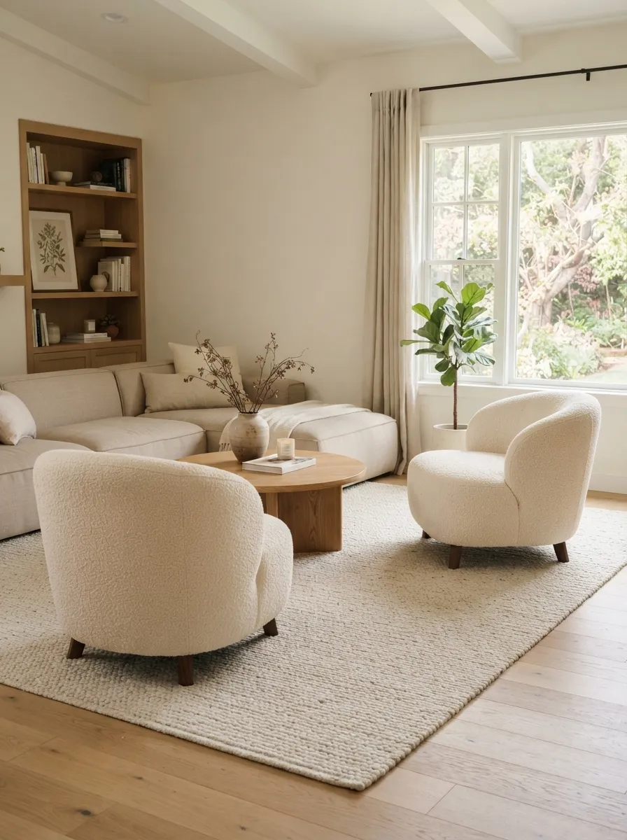 Two rounded cream accent chairs facing a low sectional with an open path around the seating group