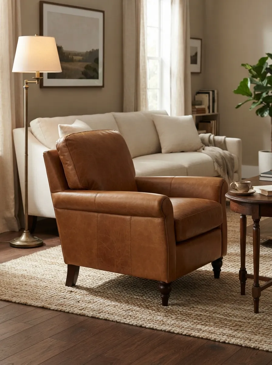 Caramel-toned club chair beside a pale sofa with a small dark table and brass-toned lamp