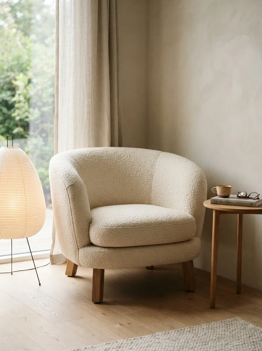Low curved accent chair with a slim side table and floor lamp in a quiet pale reading corner