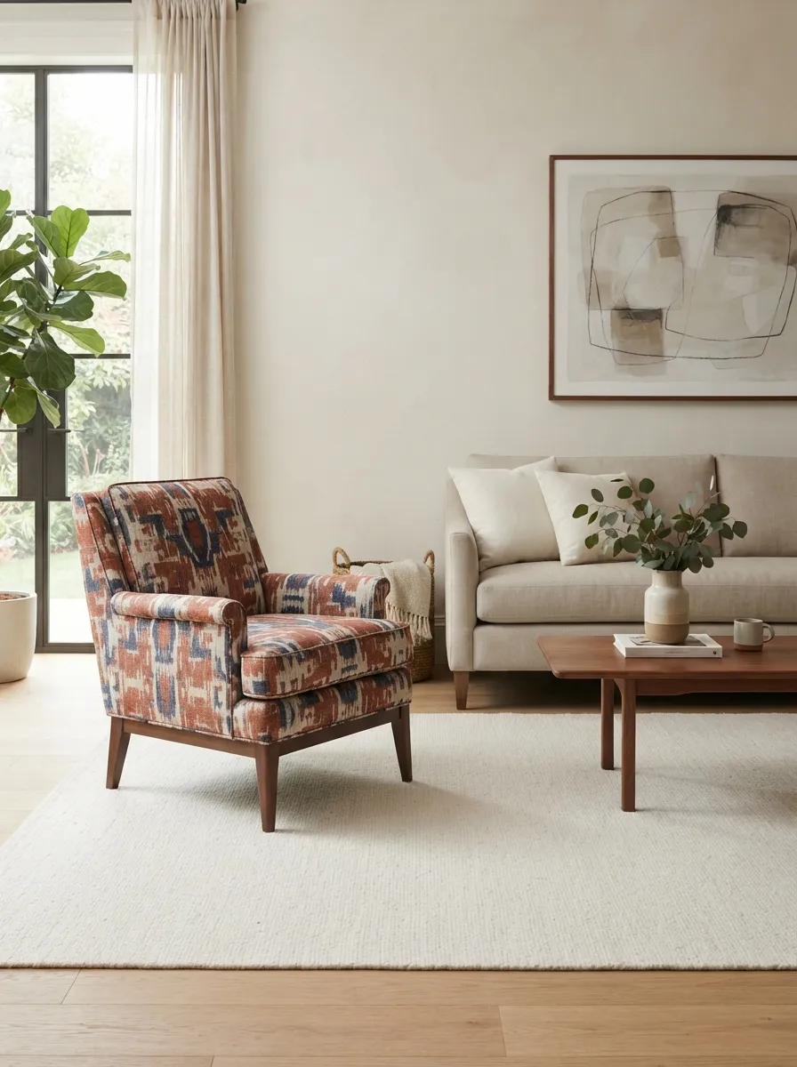 Rust-and-blue patterned accent chair beside a neutral sofa, plain cream rug, and low warm-toned table