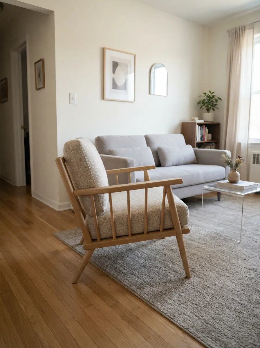 Open wood-frame accent chair with light cushions beside a compact sofa and glass table in a small living room
