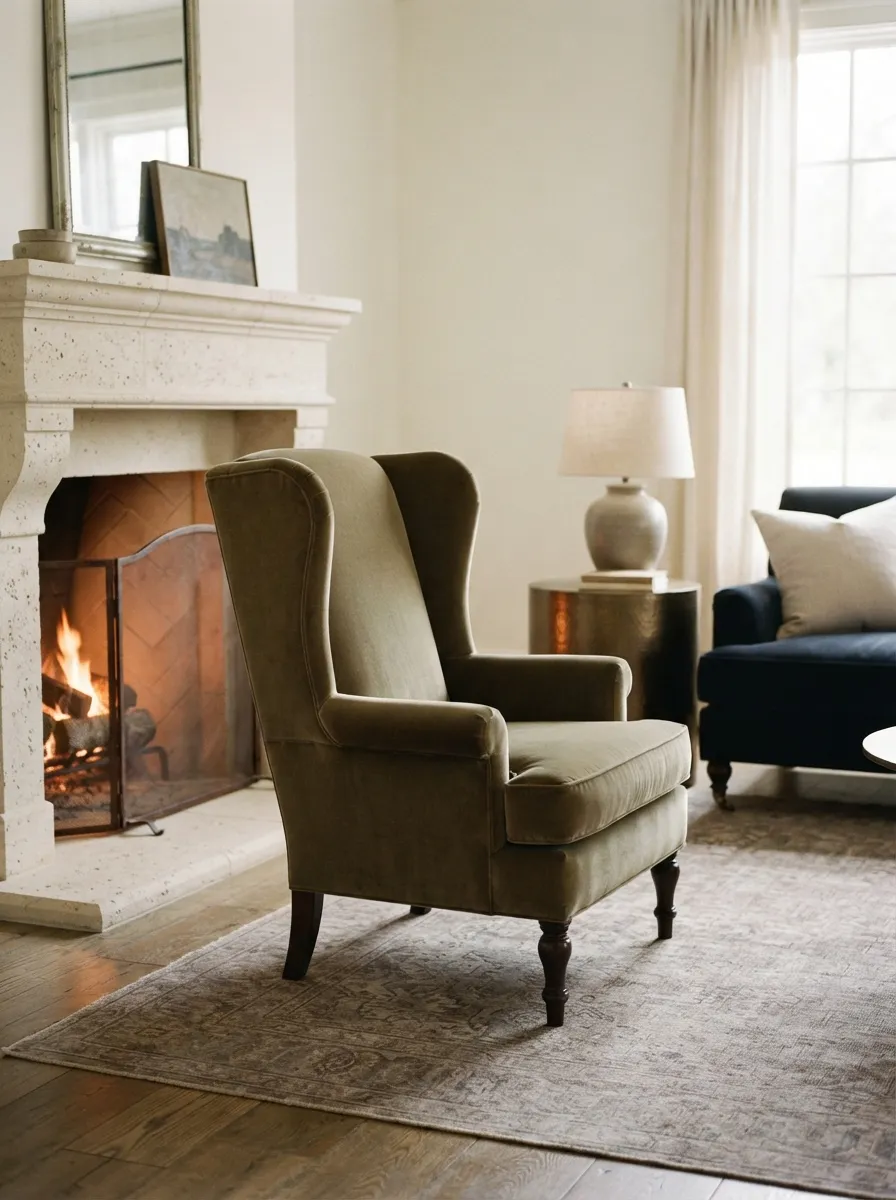 Tall olive wingback accent chair beside a pale fireplace with a subordinate navy sofa and small bronze-toned table