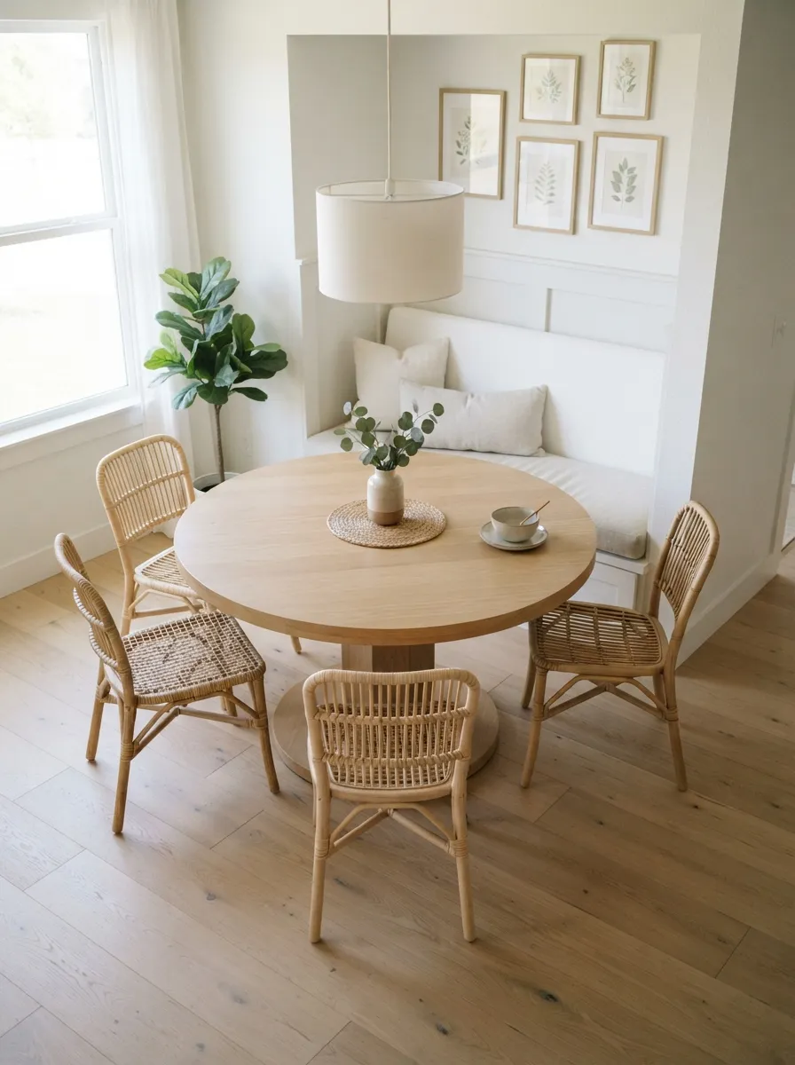 Pale wood-toned round pedestal table with four freestanding dining chairs and a built-in banquette in a bright breakfast nook