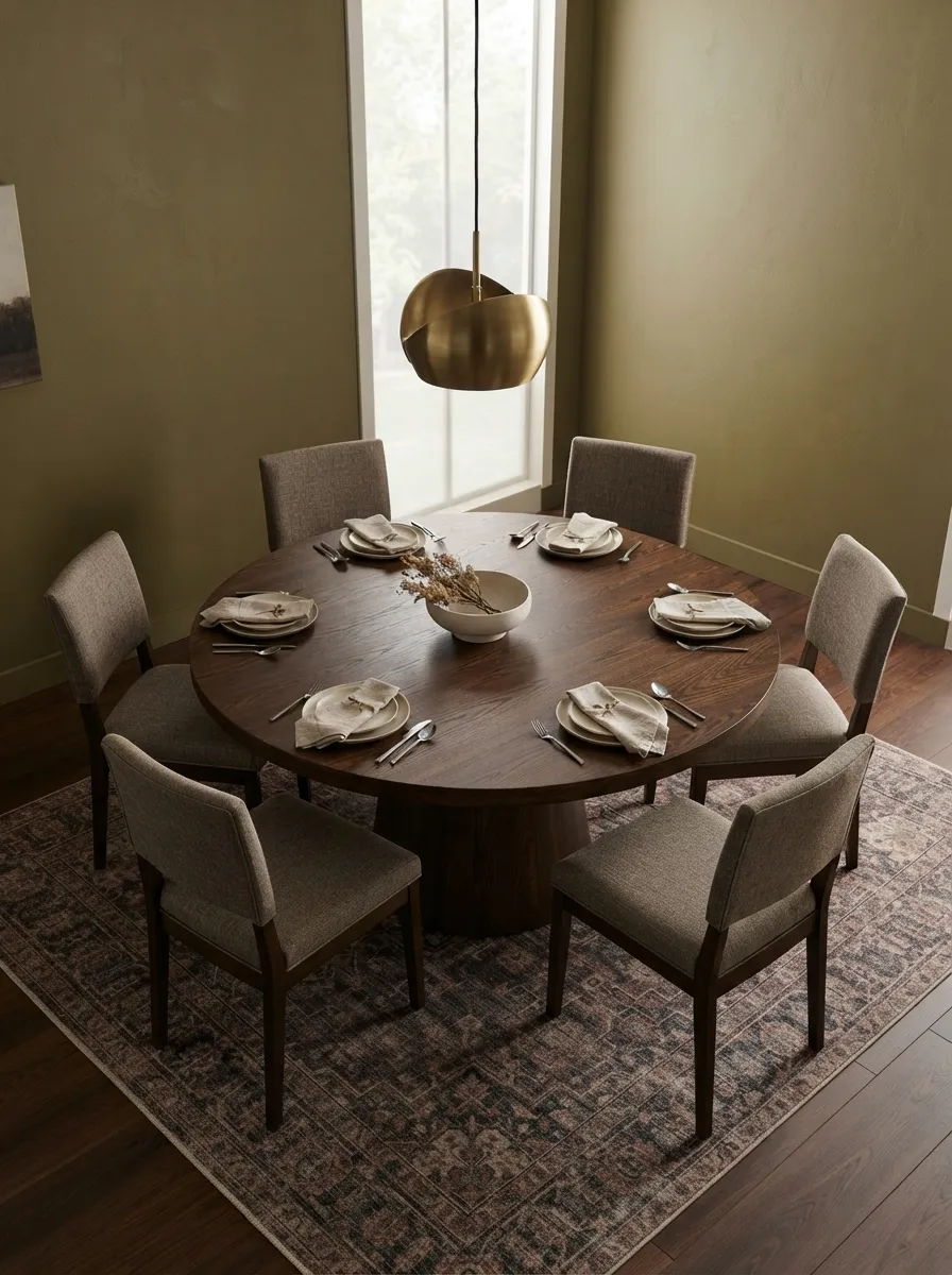 Dark brown round dining table with six upholstered chairs in a formal olive dining room with a brass-toned pendant