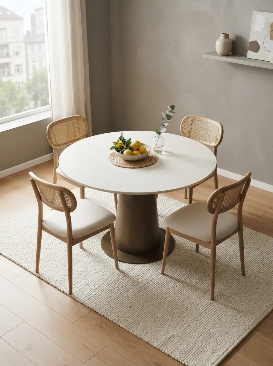 Pale stone-look round dining table with a grounded pedestal and slim light chairs in a warm gray and cream apartment