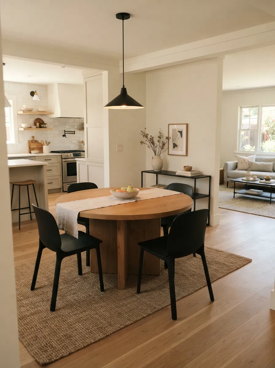 Medium wood-toned round dining table with subordinate black chairs between a kitchen and living area with a visible walking route