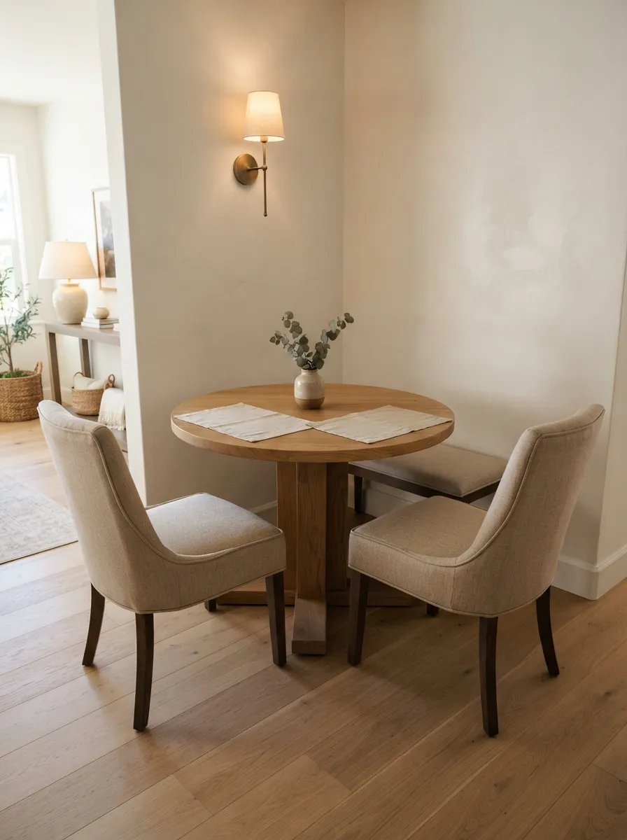 Compact round dining table with two upholstered chairs and one slim backless bench partly tucked beneath the table