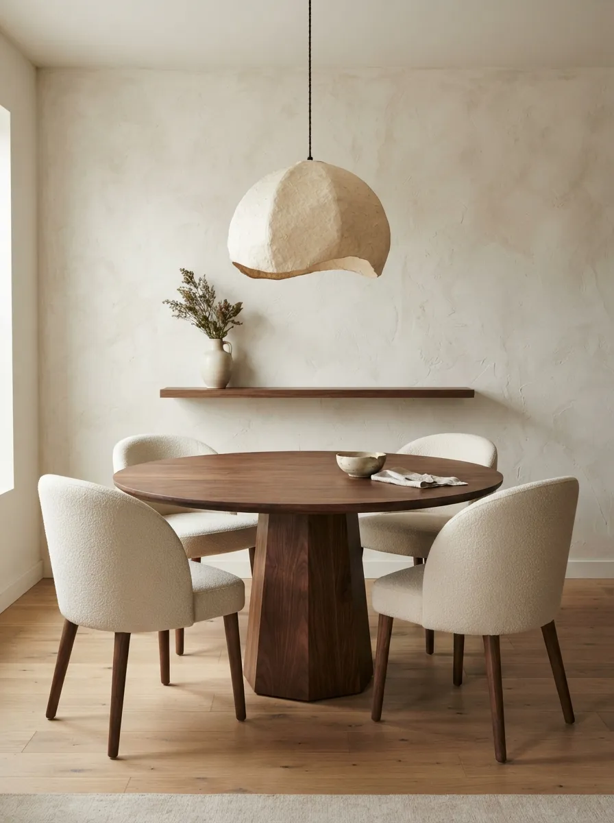 Warm dark wood-toned round dining table with sculptural cream chairs beneath a centered statement pendant against a pale textured wall