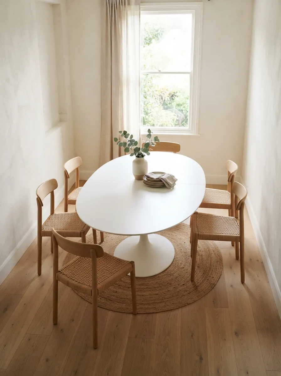 White oval pedestal dining table with six light wood-toned chairs in a narrow room with a small round rug