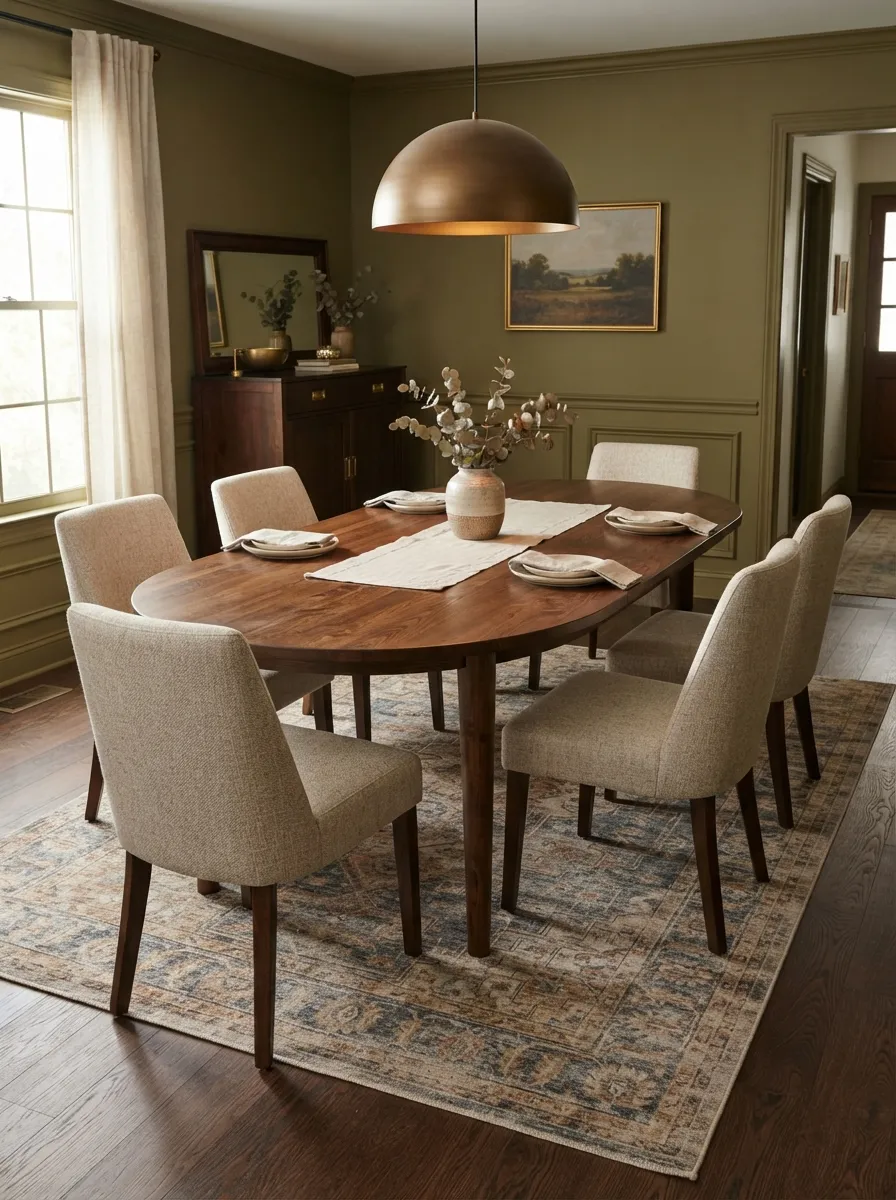 Warm dark wood-toned oval dining table with six upholstered chairs, olive walls, a vintage-style rug, and bronze-toned pendant