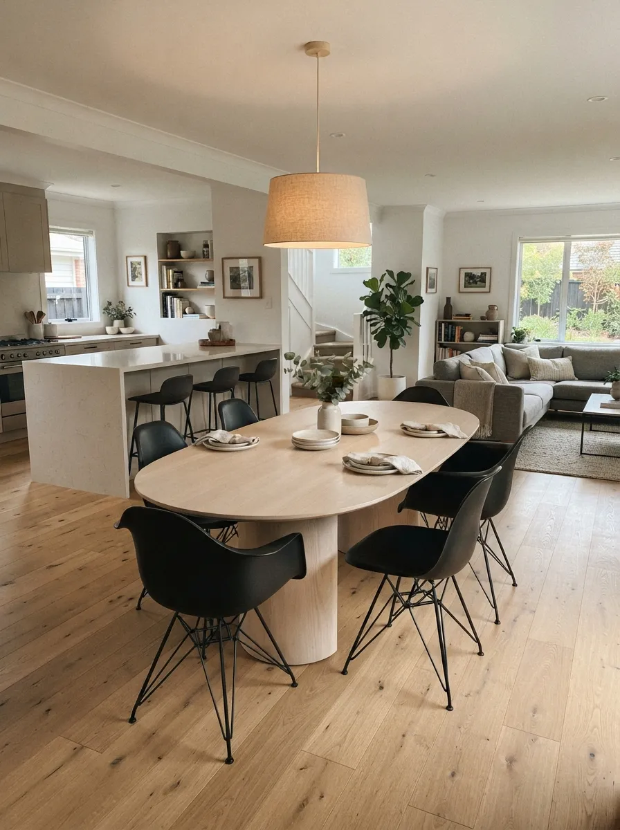 Pale oval dining table with curved black chairs between a kitchen and living area with an open circulation path