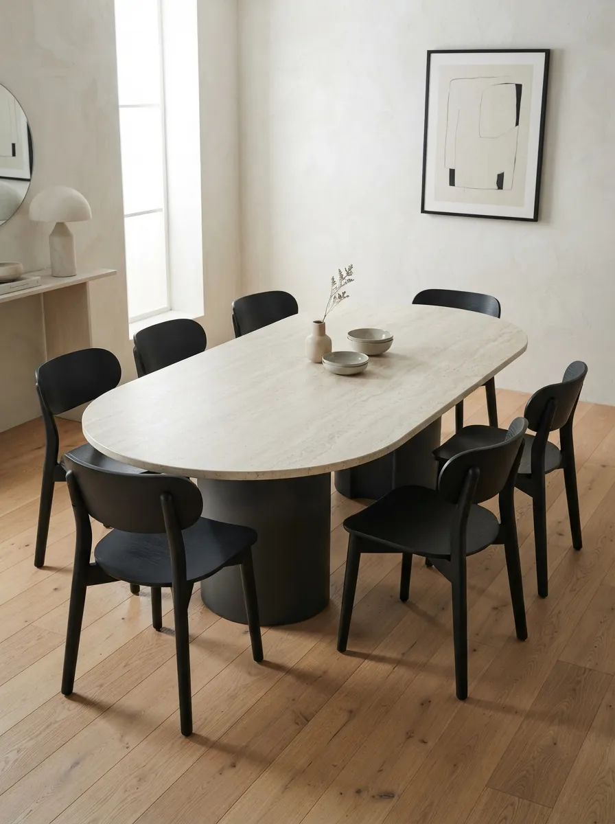 Cream stone-look oval dining table with a grounded base and dark sculptural chairs in a pale architectural dining space