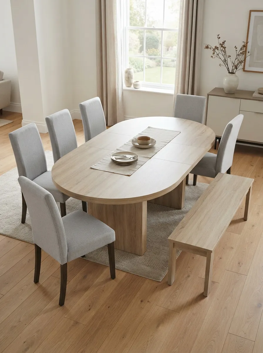 Light wood-toned oval dining table with upholstered chairs along the long sides and one slim backless bench at one rounded end