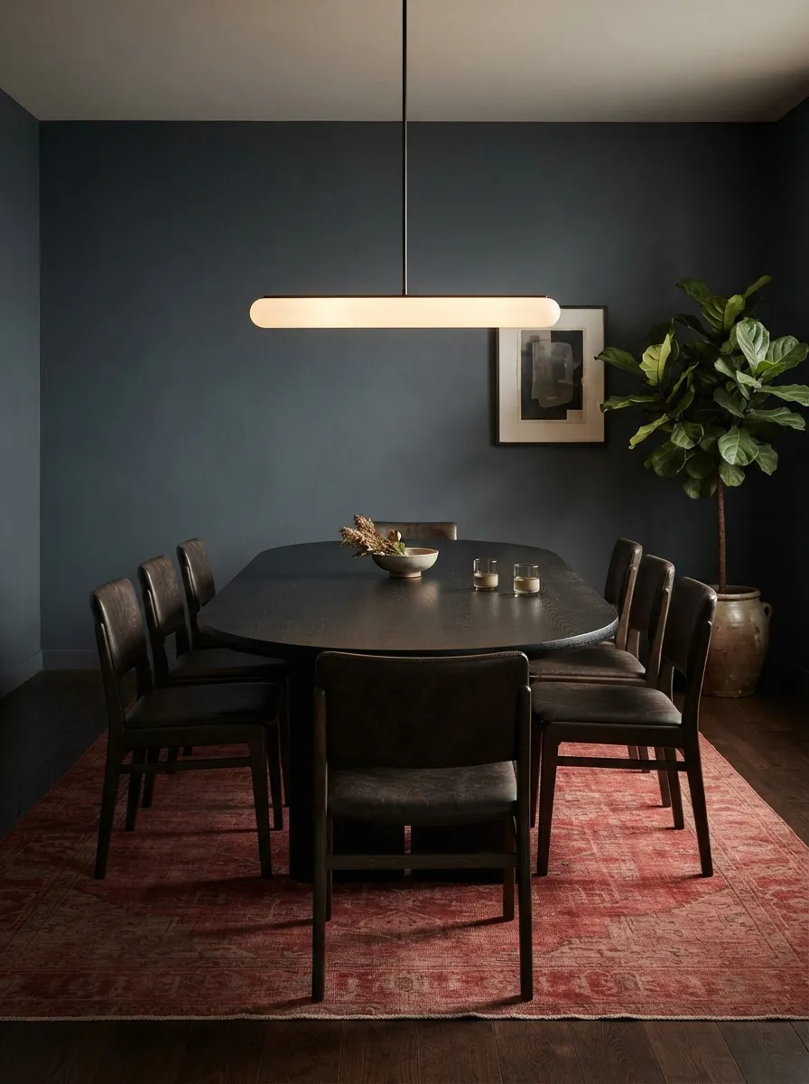 Dark oval dining table with dark brown leather-like chairs, deep blue-gray walls, faded red rug, and elongated opal-glass-look light