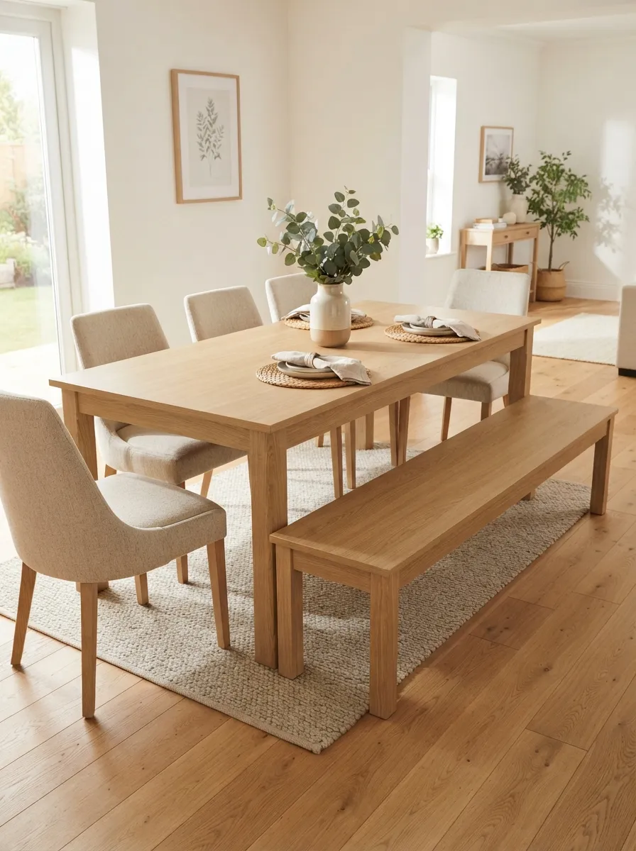 Long backless light wood-toned dining bench along one side of a rectangular table with upholstered chairs opposite