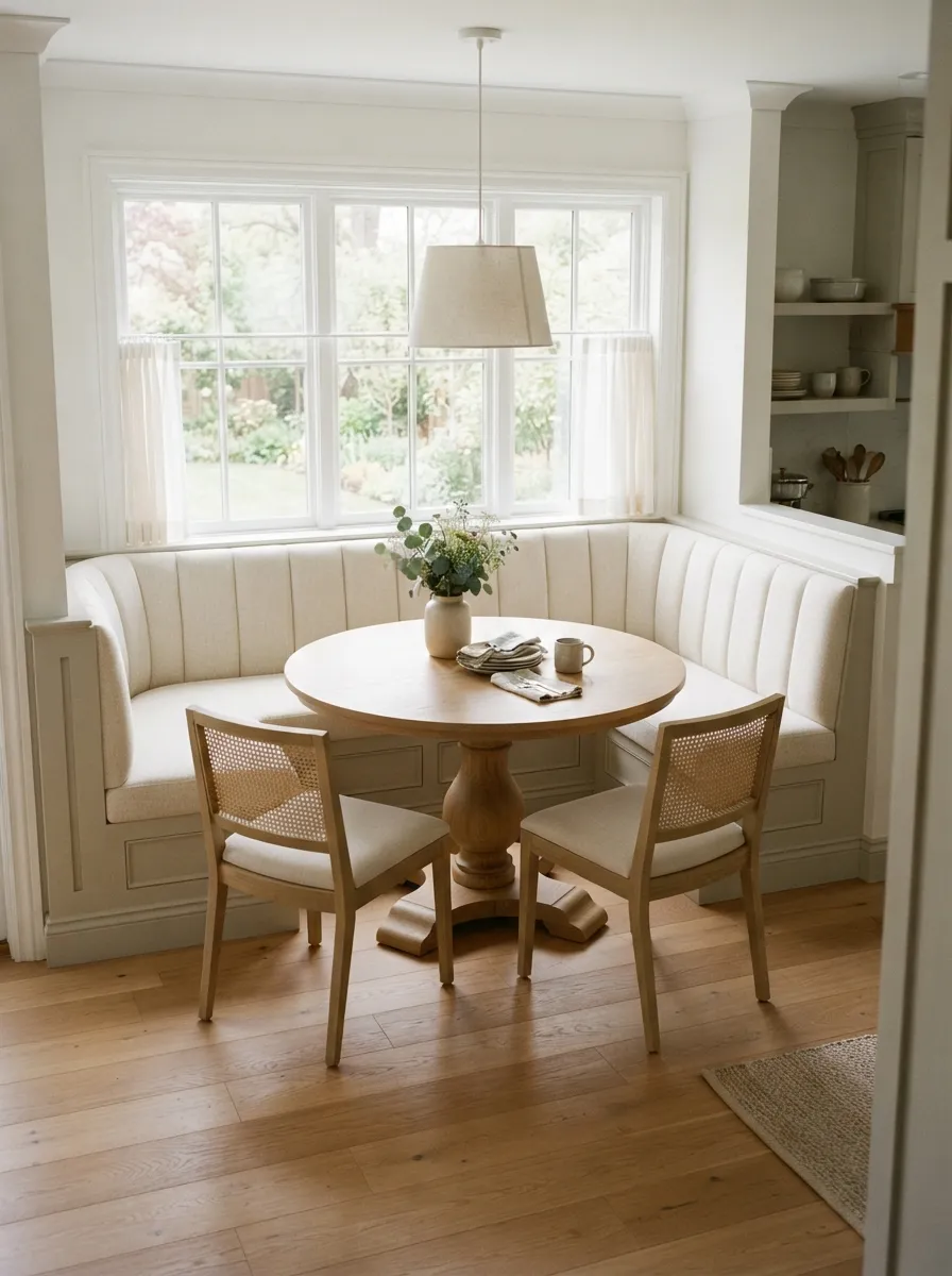 Built-in upholstered banquette beneath a window with a round pedestal table and two freestanding chairs on the open side