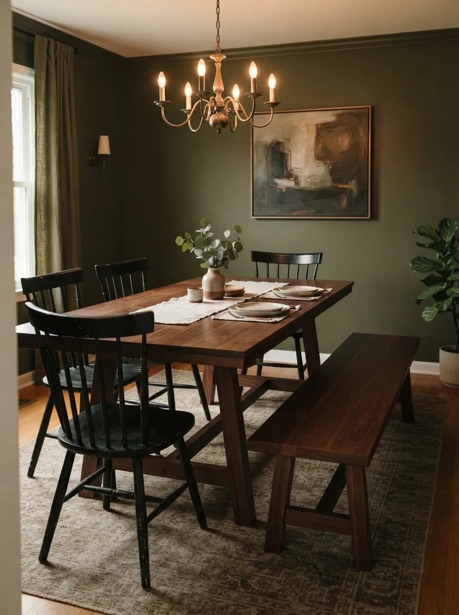 Dark backless dining bench with a warm dark wood-toned table, black spindle chairs, olive walls, and brass-toned chandelier