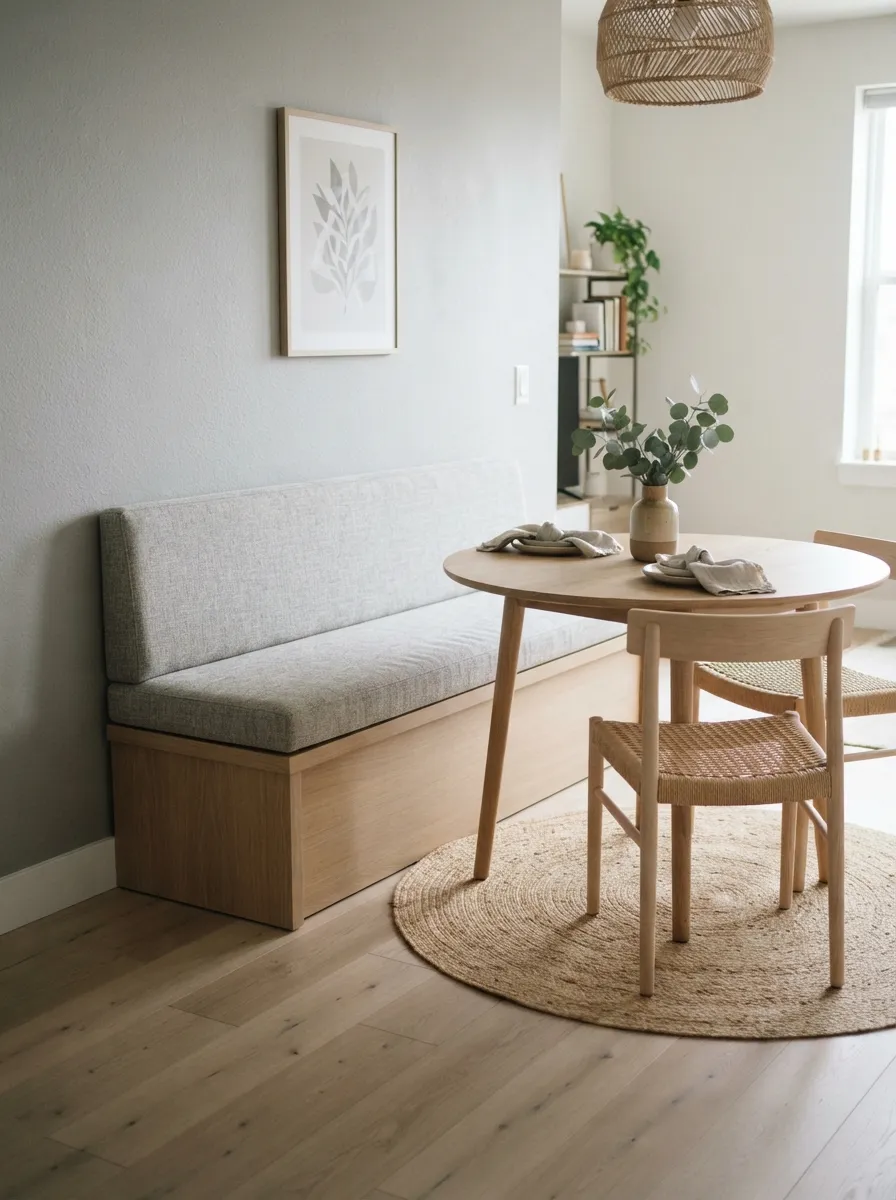 Upholstered solid-base bench with a closed base beside a compact dining table and slim chairs