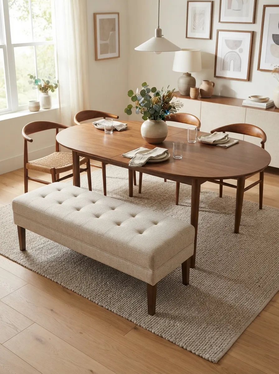 Low upholstered bench along the long side of an oval dining table with curved chairs opposite and open space around the rounded ends