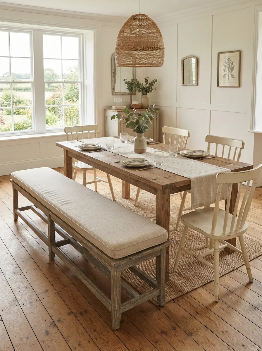 Long lightly cushioned bench beside a reclaimed-look rectangular table with painted spindle chairs and a woven-look pendant