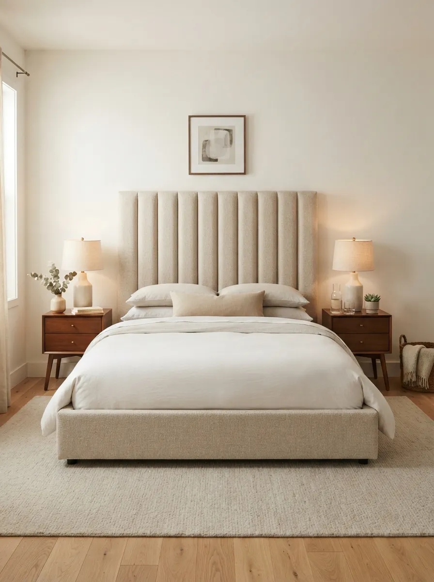 Tall oatmeal upholstered bed with a full-height channelled headboard, dark wood-toned nightstands, pale bedding, and visible side circulation
