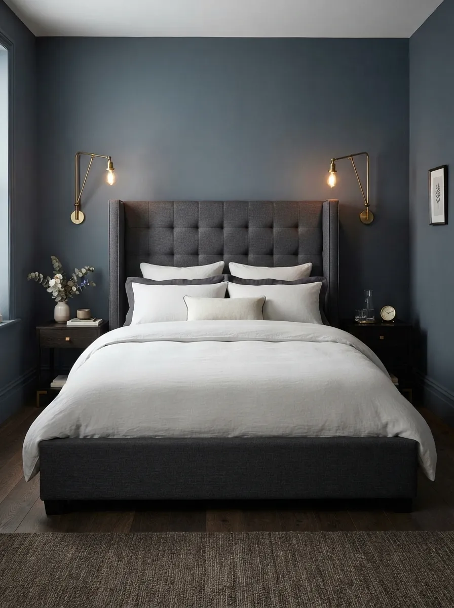 Charcoal upholstered wingback bed with two projecting side wings against deep blue-gray walls, framed by brass-toned sconces
