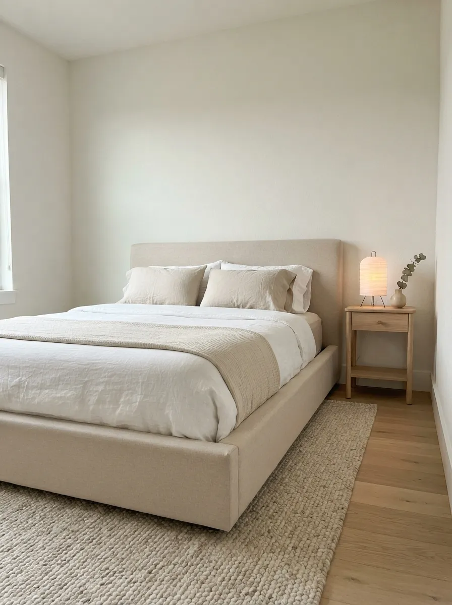 Low beige upholstered platform bed in a compact pale room with slim bedside furniture and a clear side path