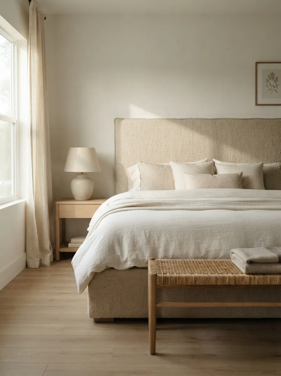 Flax-toned textured upholstered bed lit from the side with creamy drapery, light wood-toned flooring, ceramic lighting, and a woven-look foot bench