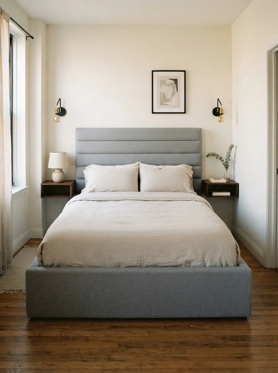 Soft gray upholstered bed with a grounded substantial lower frame, narrow nightstands, wall-mounted lights, beige bedding, and visible side circulation
