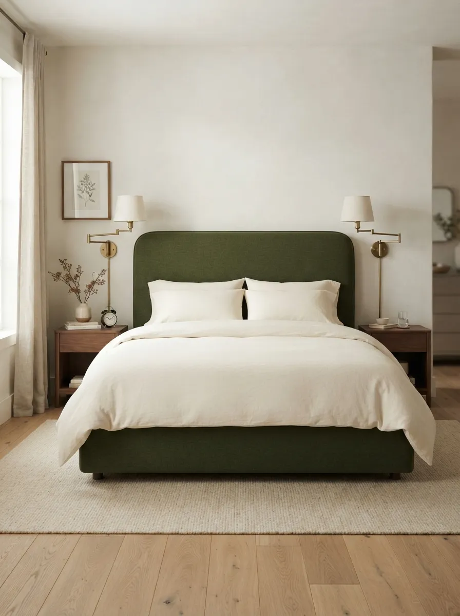 Deep moss upholstered bed with softly rounded headboard corners, brass-toned swing-arm sconces, dark wood-toned nightstands, and cream bedding