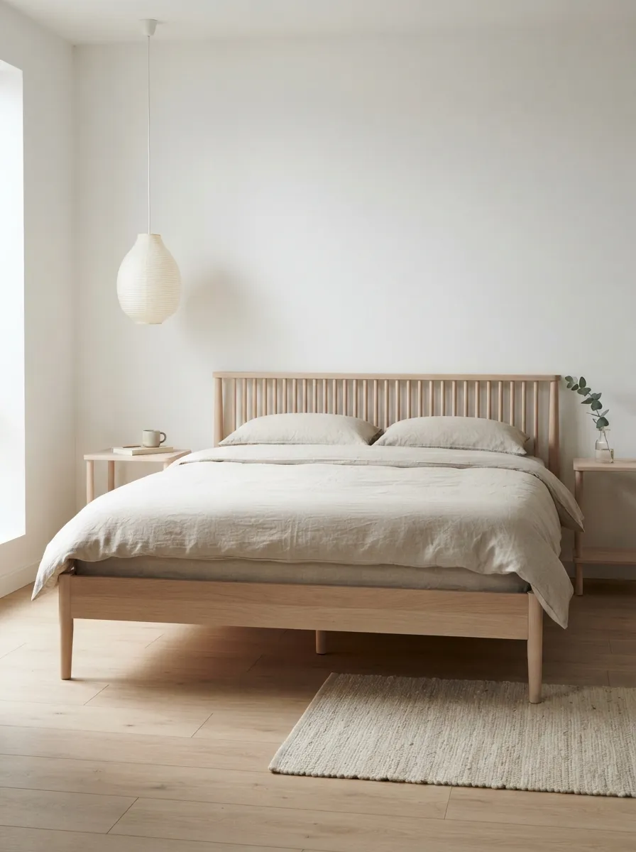 Pale wood-toned low platform bed with open legs, a low slatted headboard, visible floor, and side circulation in a quiet Scandinavian bedroom