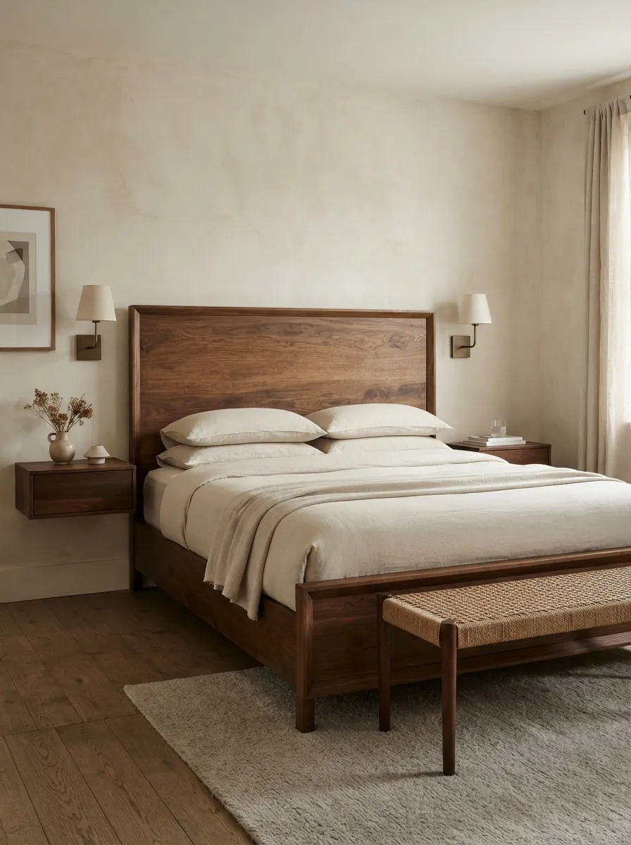 Warm dark wood-toned panel bed against a creamy plaster-look wall with pale bedding, bronze-toned sconces, and one low woven-look bench
