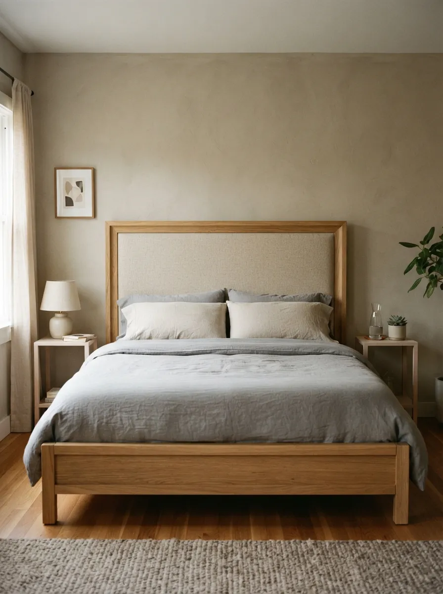Wood-toned bed frame with an oatmeal upholstered-looking headboard insert, visible wood rails, foot rail, and legs