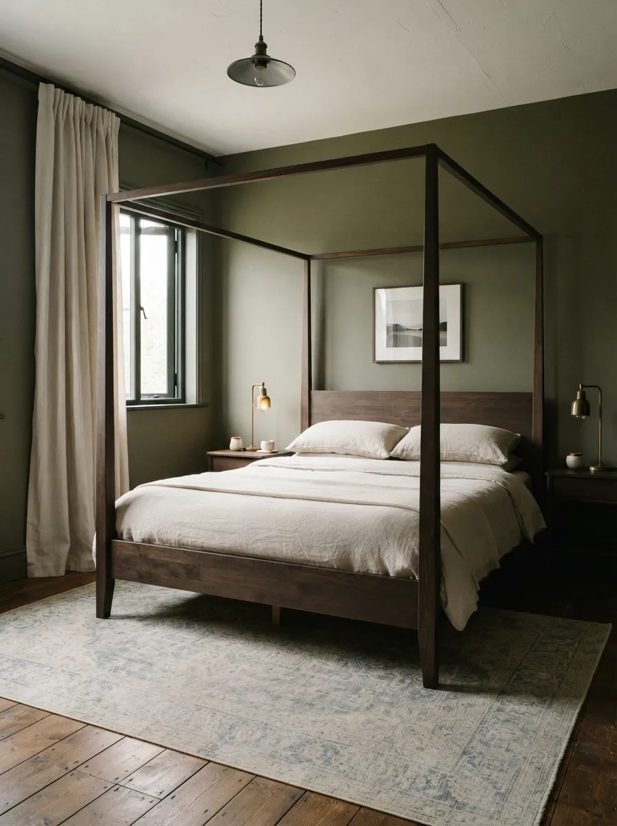 Dark wood-toned four-poster-inspired bed with four straight corner posts, an upper connecting frame, pale curtains, olive walls, and a faded rug