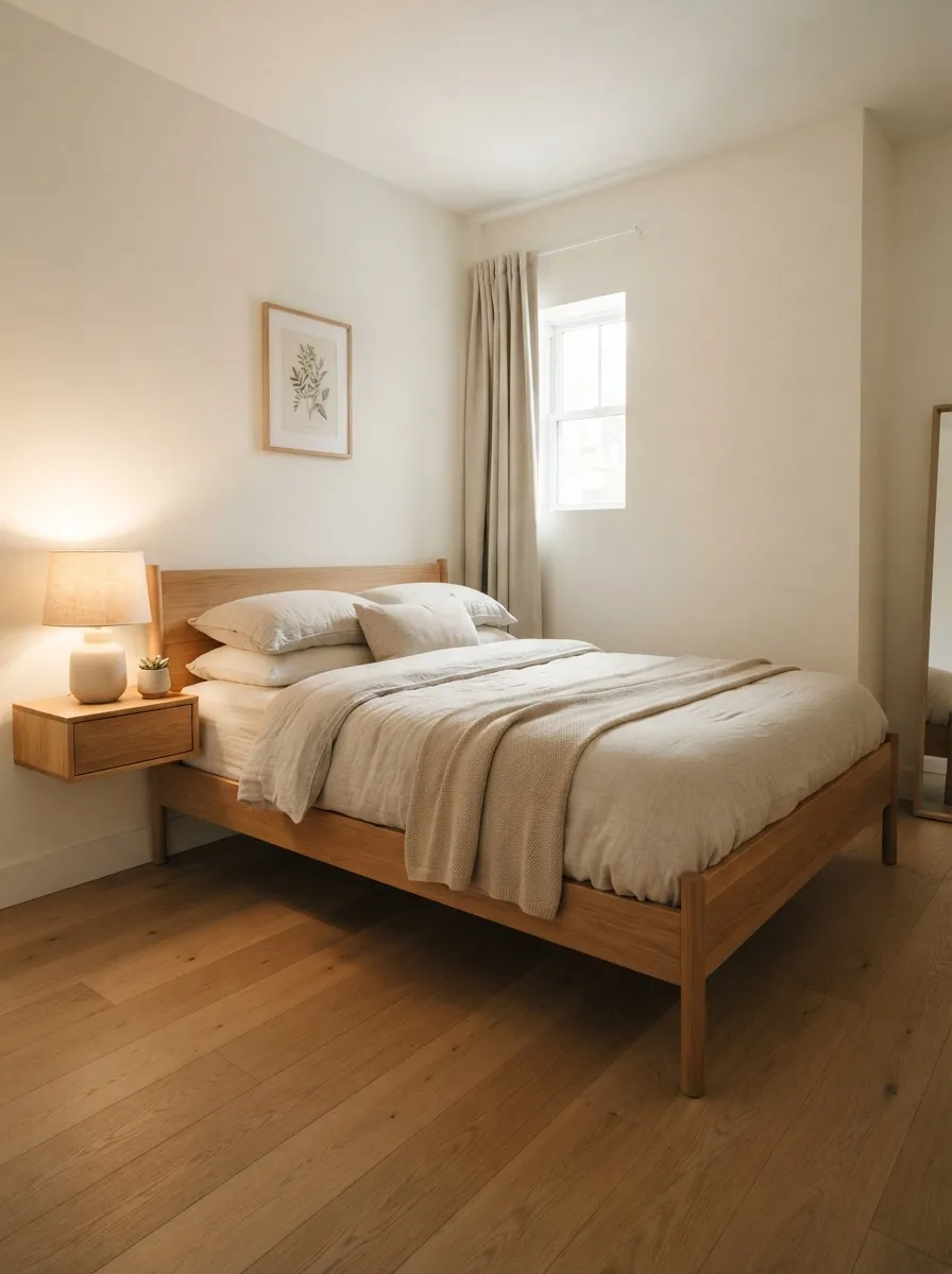 Slim light-to-medium wood-toned bed frame with narrow rails, visible legs, a compact floating-style bedside piece, and a clear side path