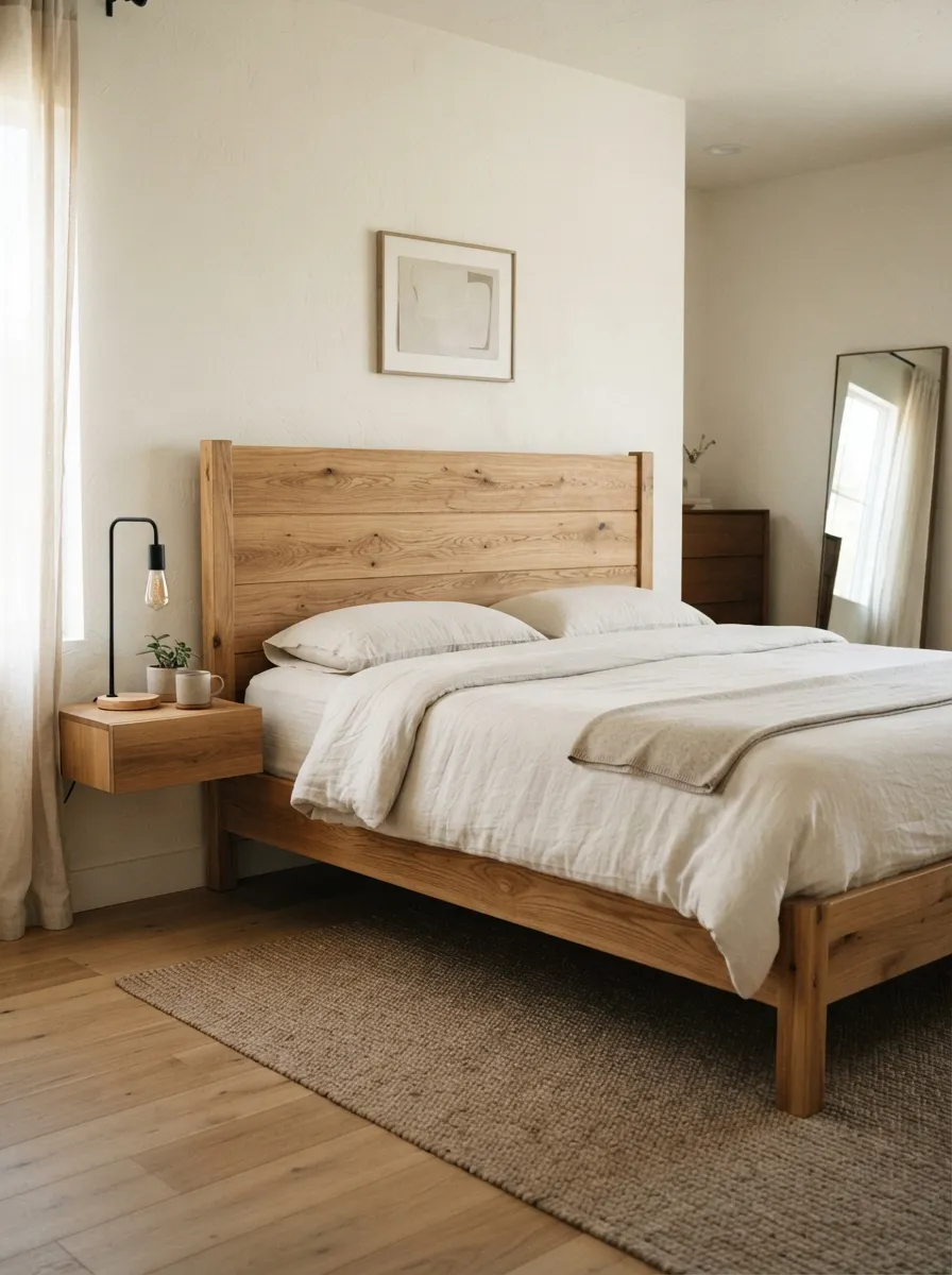 Natural wood-toned bed with a simple plank headboard, visible rails and legs, off-white bedding, black reading lights, and clay-toned accents