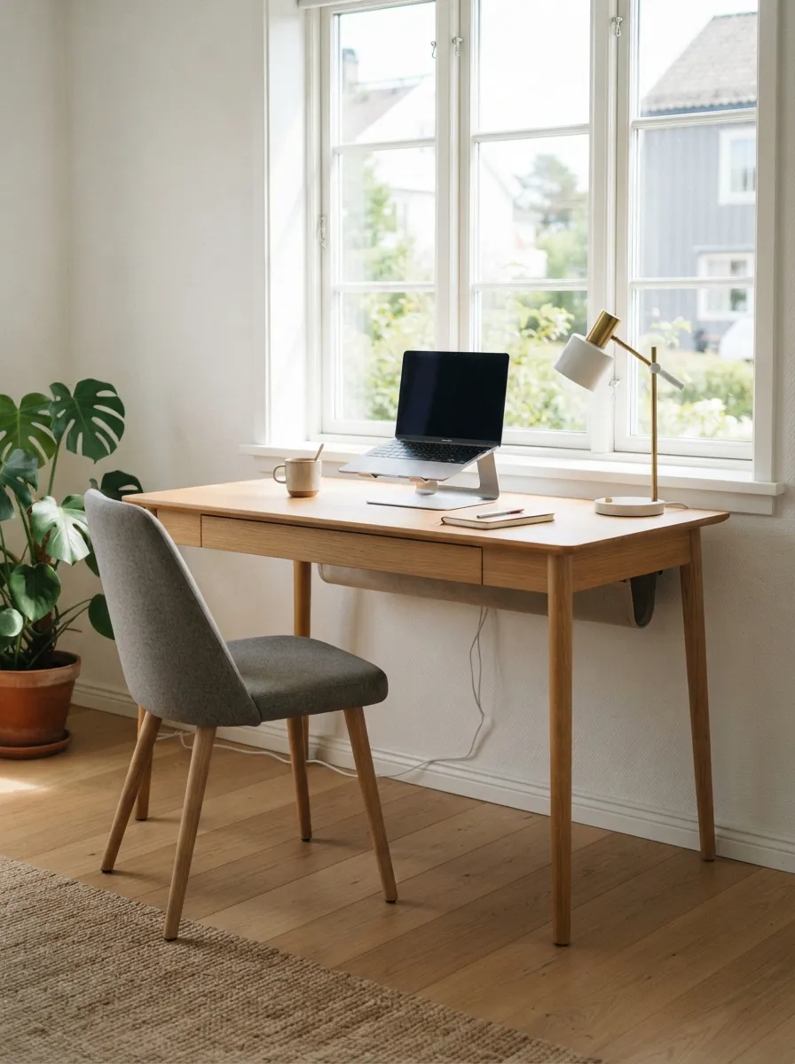Slim warm light wood-toned writing desk by a large window with an open leg space, task chair, and laptop with a dark unreadable screen
